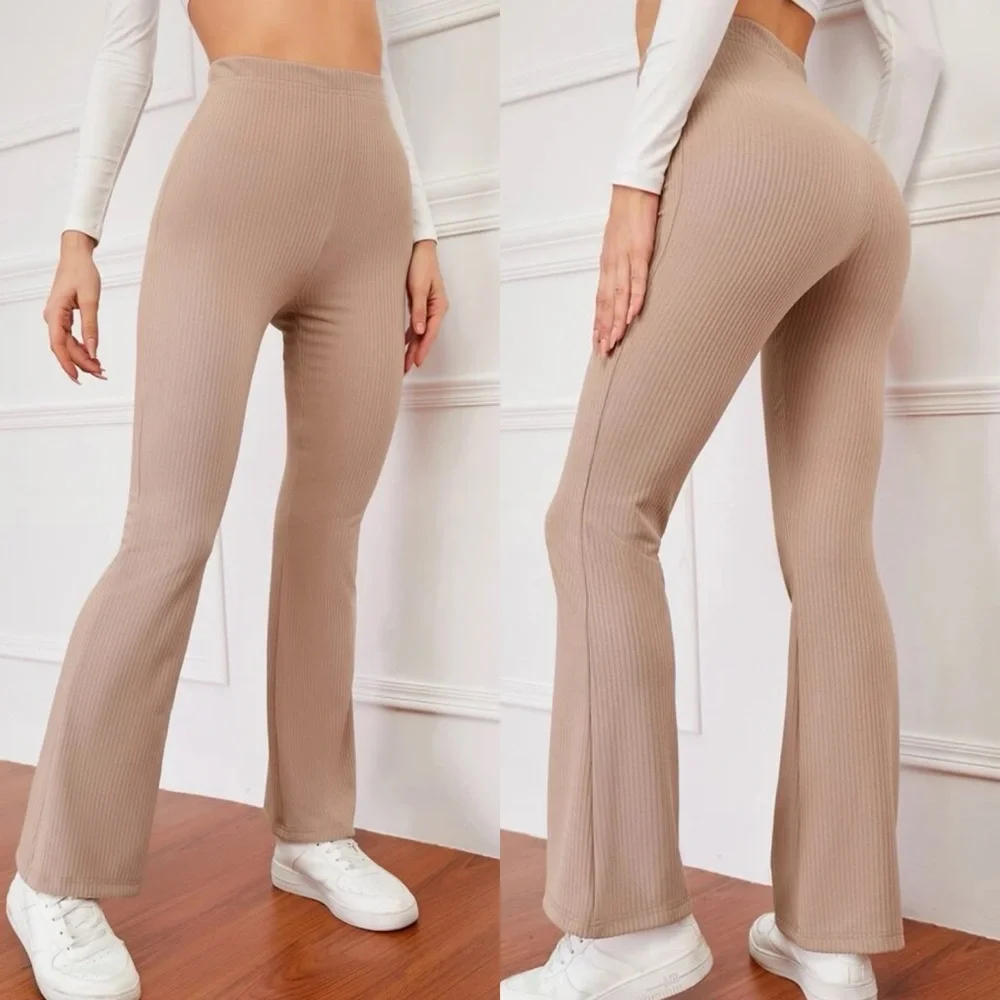 Boho ribbed knit high waisted flared pants mocha brown minimalist - Picture 3 of 4